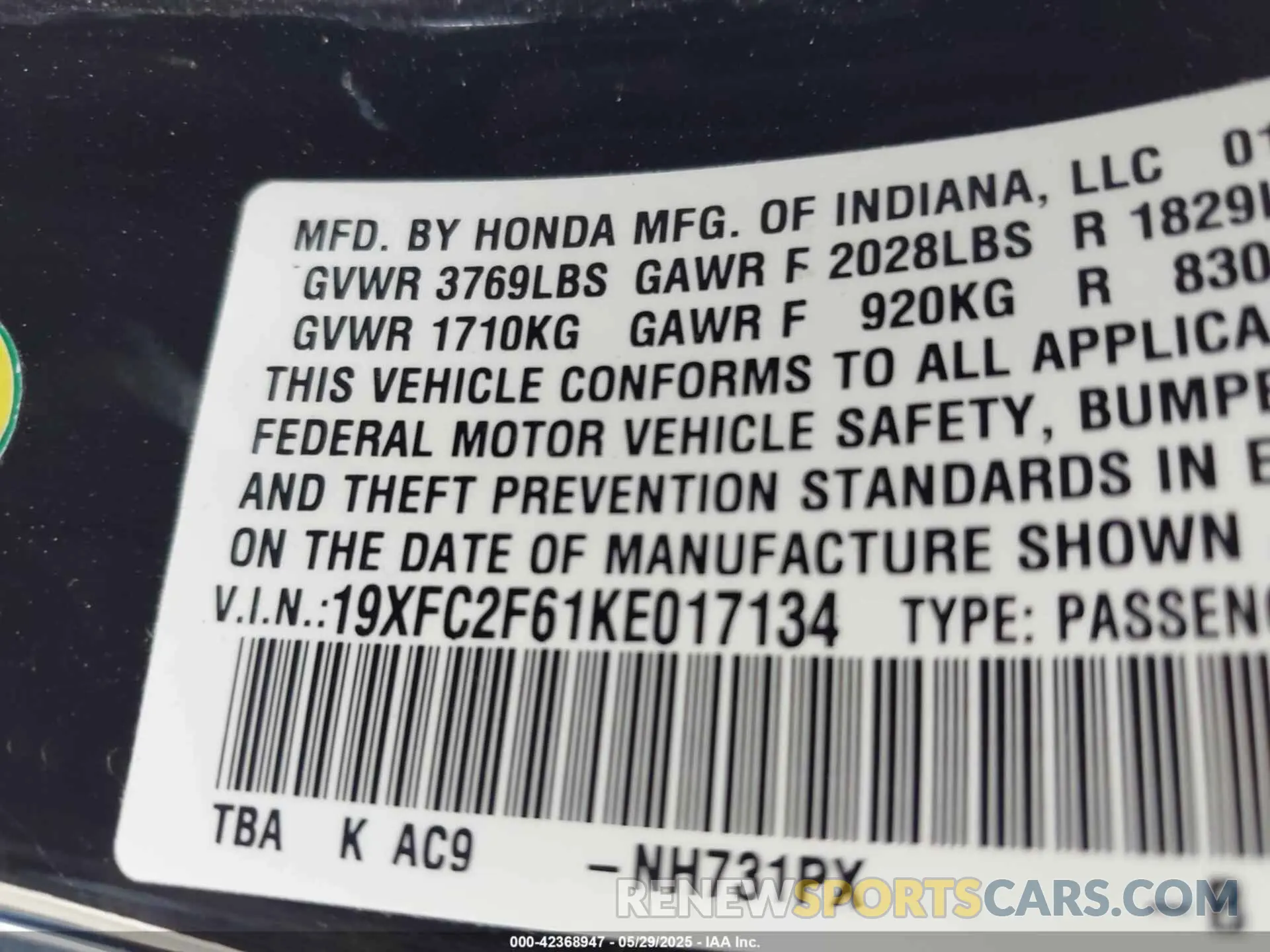 9 fotografías del automóvil dañado 19XFC2F61KE017134 HONDA CIVIC 2019