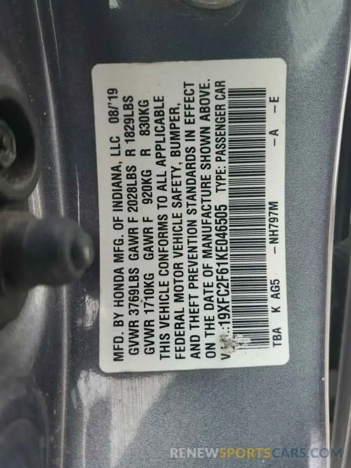 12 fotografías del automóvil dañado 19XFC2F61KE046505 HONDA CIVIC 2019