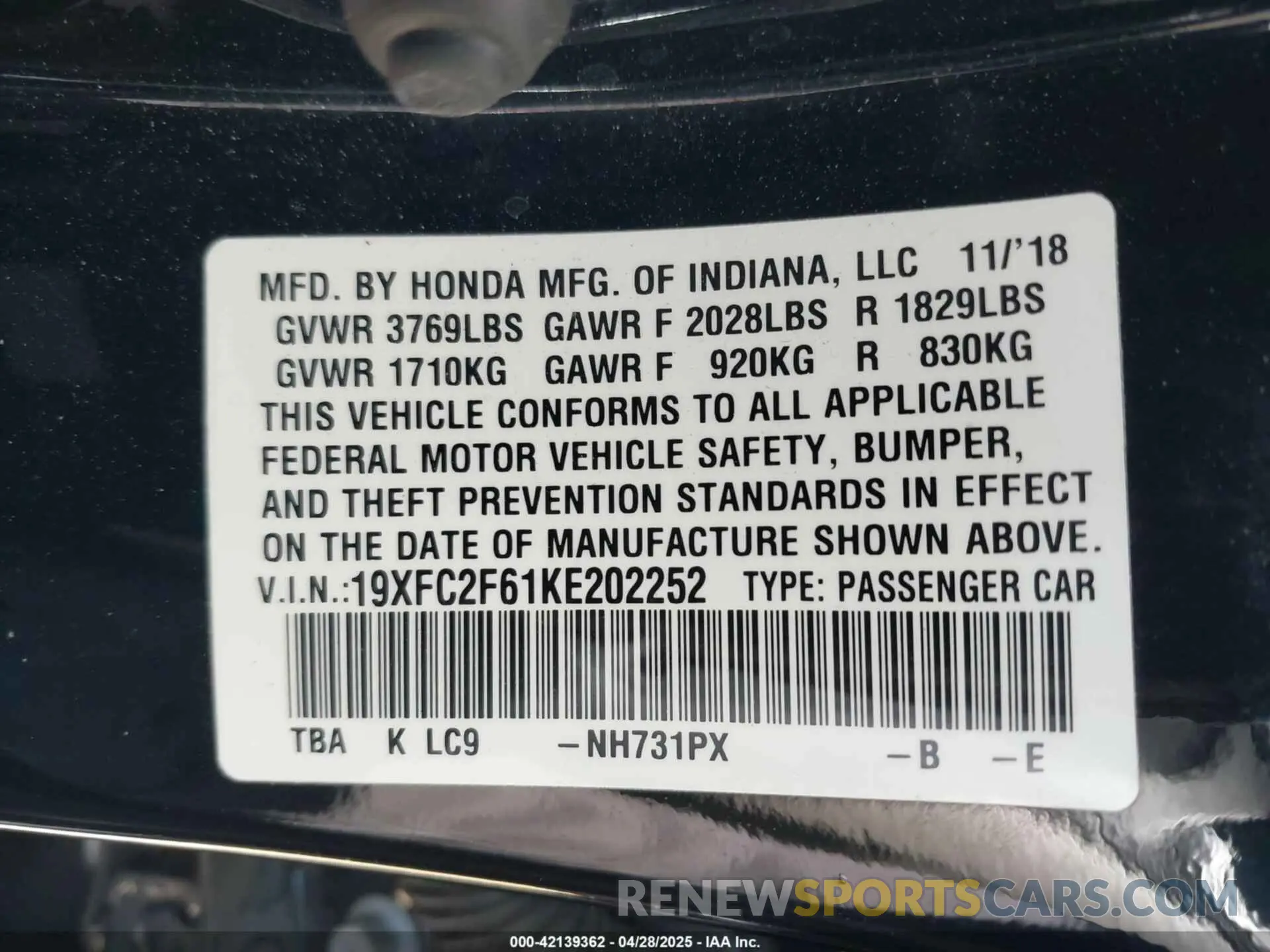 9 fotografías del automóvil dañado 19XFC2F61KE202252 HONDA CIVIC 2019
