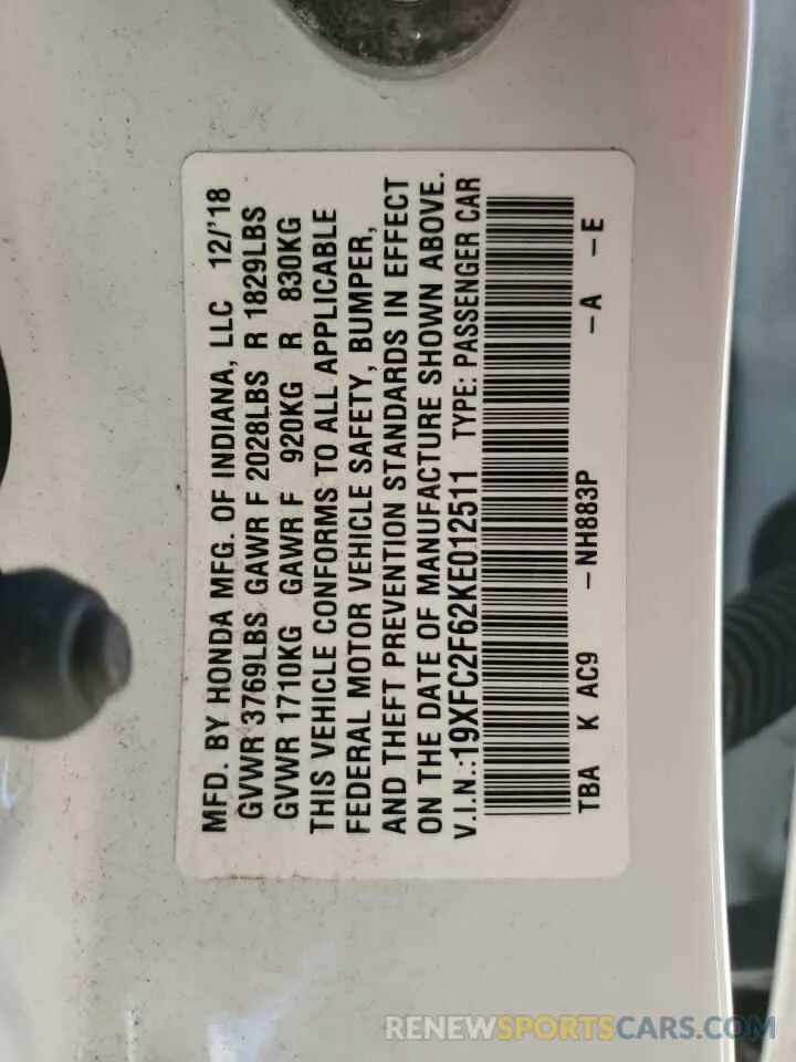 14 fotografías del automóvil dañado 19XFC2F62KE012511 HONDA CIVIC 2019