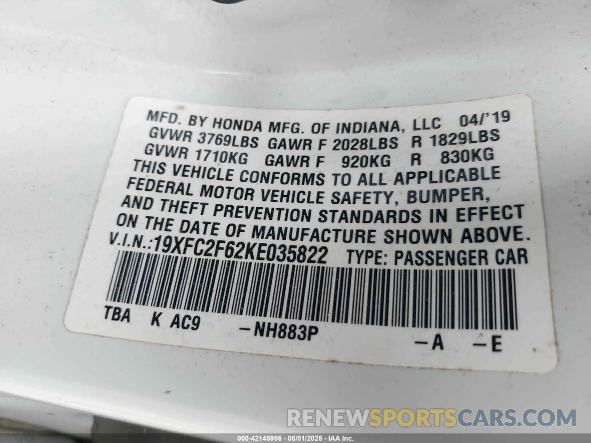 9 fotografías del automóvil dañado 19XFC2F62KE035822 HONDA CIVIC 2019