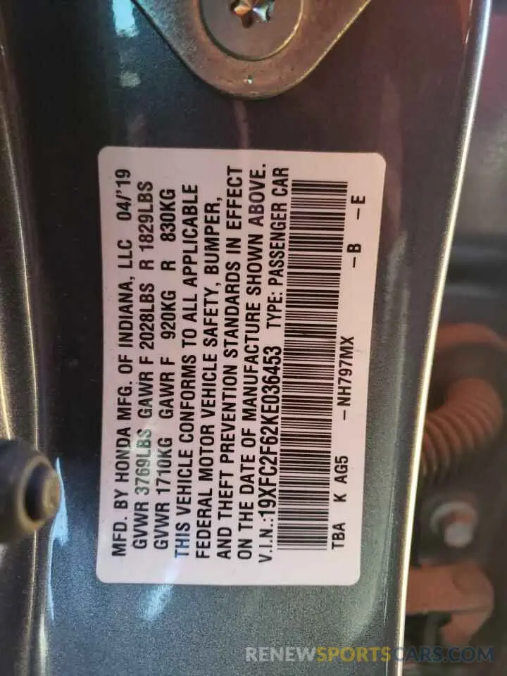 12 fotografías del automóvil dañado 19XFC2F62KE036453 HONDA CIVIC 2019