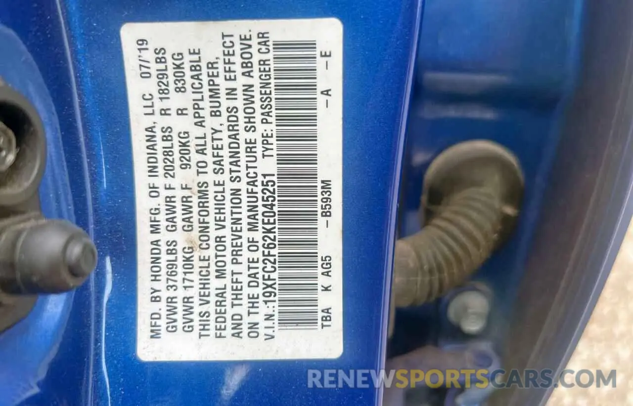 10 fotografías del automóvil dañado 19XFC2F62KE045251 HONDA CIVIC 2019
