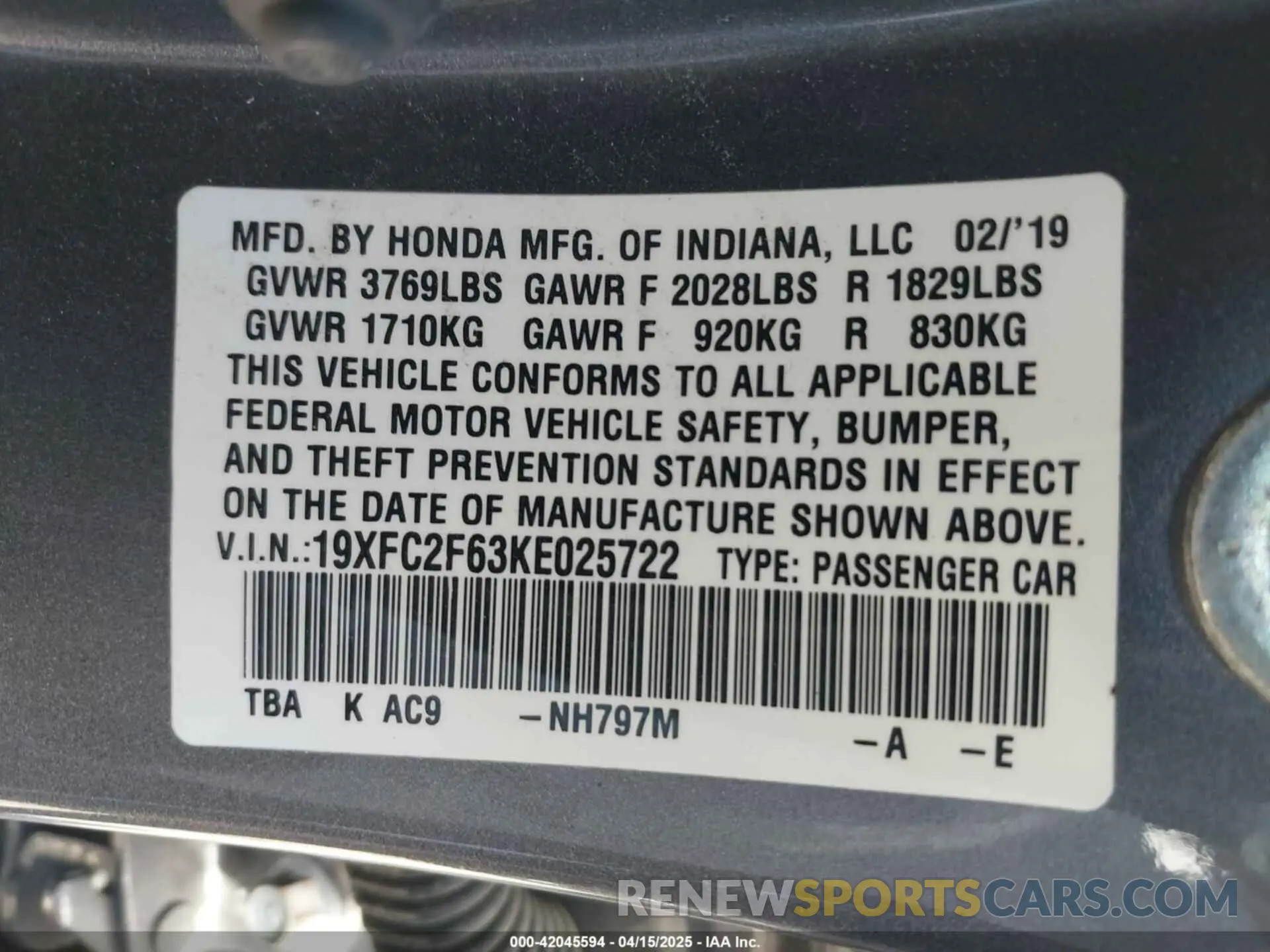 9 fotografías del automóvil dañado 19XFC2F63KE025722 HONDA CIVIC 2019
