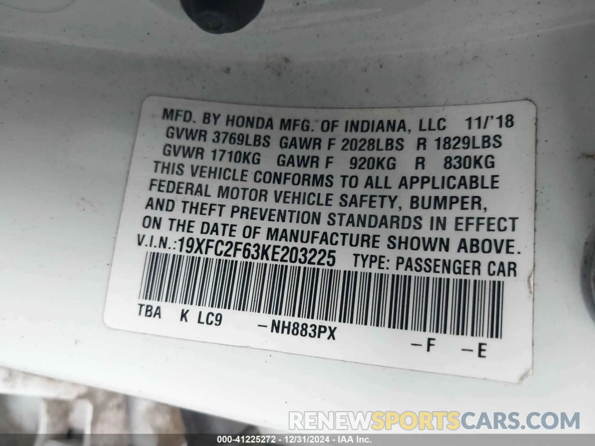 9 fotografías del automóvil dañado 19XFC2F63KE203225 HONDA CIVIC 2019