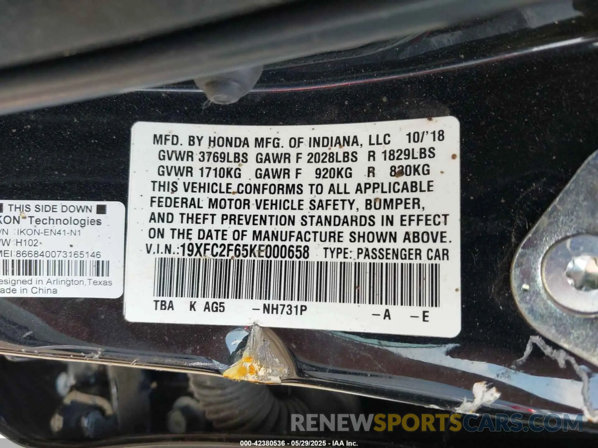 9 fotografías del automóvil dañado 19XFC2F65KE000658 HONDA CIVIC 2019
