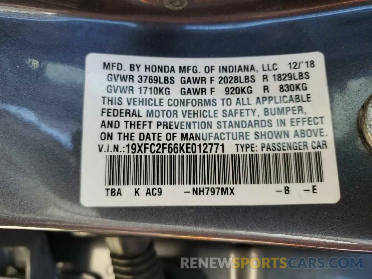 15 fotografías del automóvil dañado 19XFC2F66KE012771 HONDA CIVIC 2019