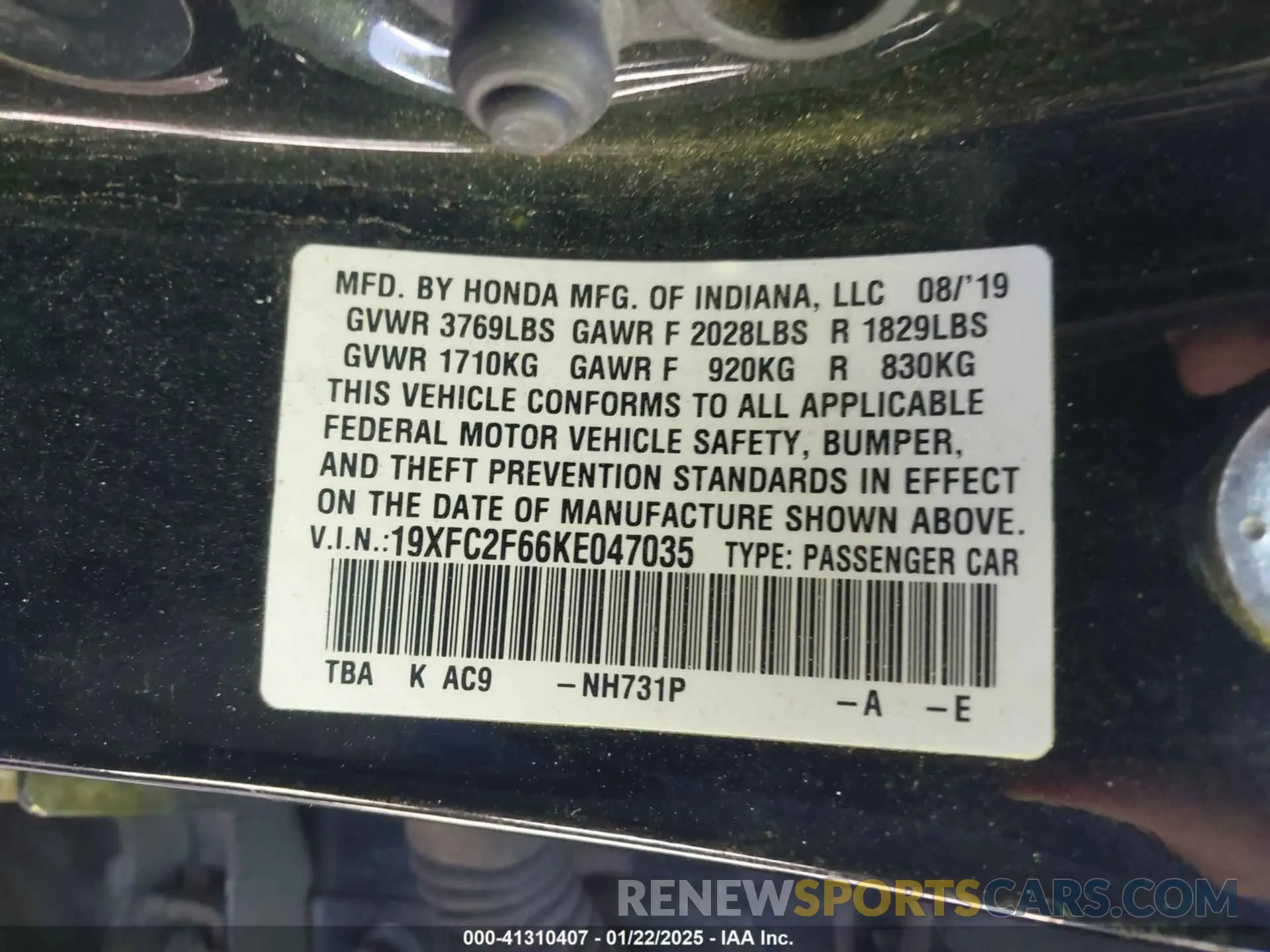 9 fotografías del automóvil dañado 19XFC2F66KE047035 HONDA CIVIC 2019