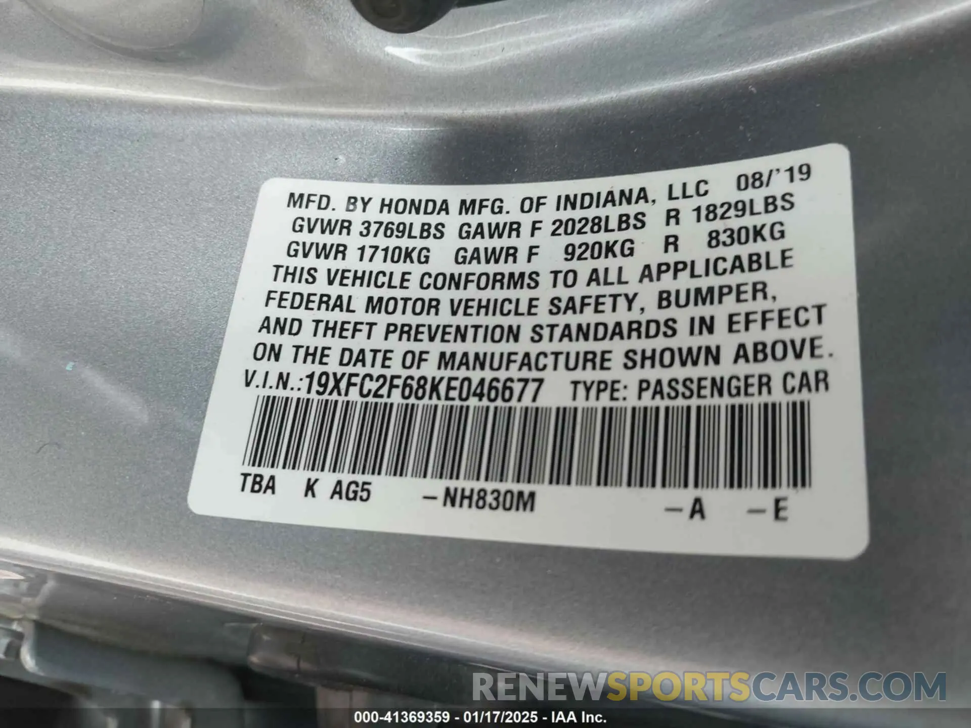 9 fotografías del automóvil dañado 19XFC2F68KE046677 HONDA CIVIC 2019