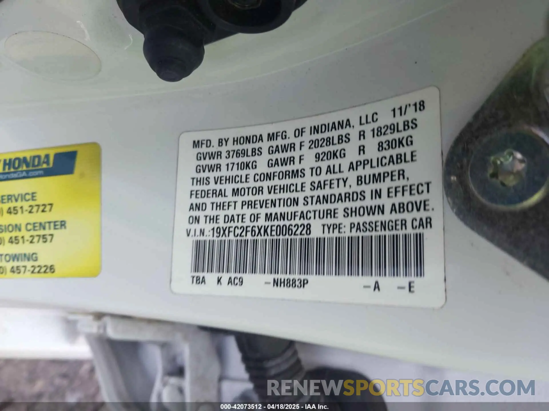 9 fotografías del automóvil dañado 19XFC2F6XKE006228 HONDA CIVIC 2019