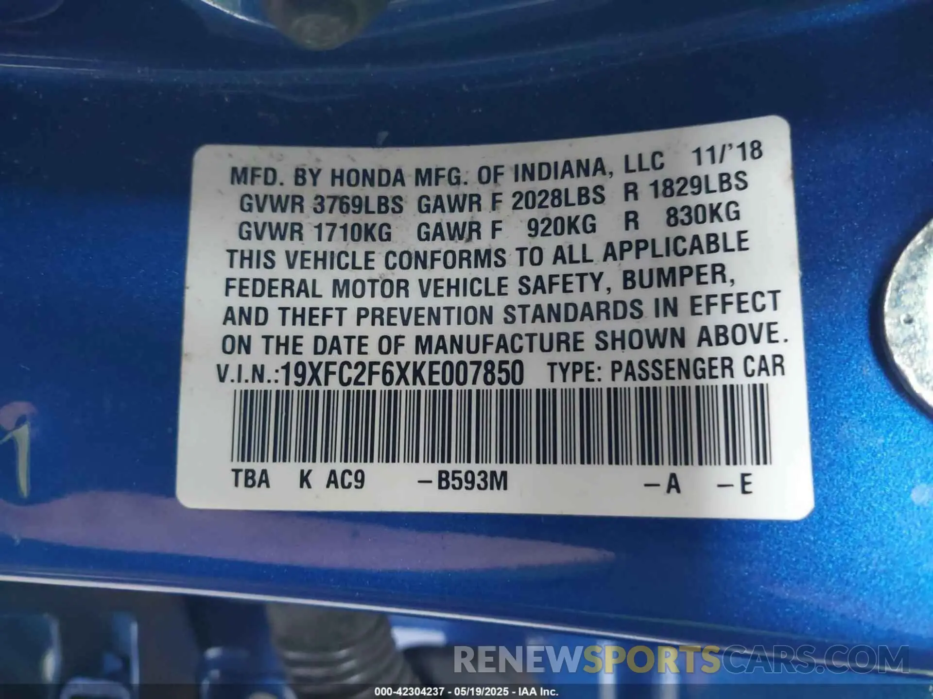 9 fotografías del automóvil dañado 19XFC2F6XKE007850 HONDA CIVIC 2019