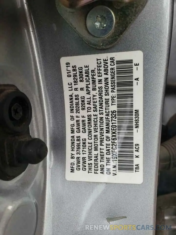 12 fotografías del automóvil dañado 19XFC2F6XKE017326 HONDA CIVIC 2019