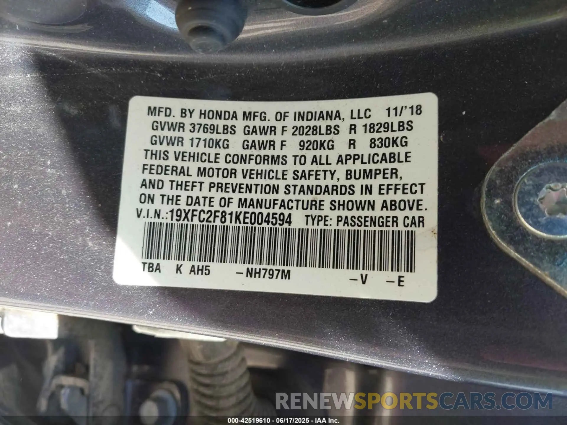 9 fotografías del automóvil dañado 19XFC2F81KE004594 HONDA CIVIC 2019