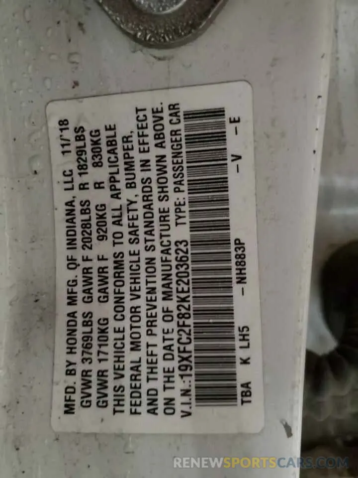 13 fotografías del automóvil dañado 19XFC2F82KE203623 HONDA CIVIC 2019