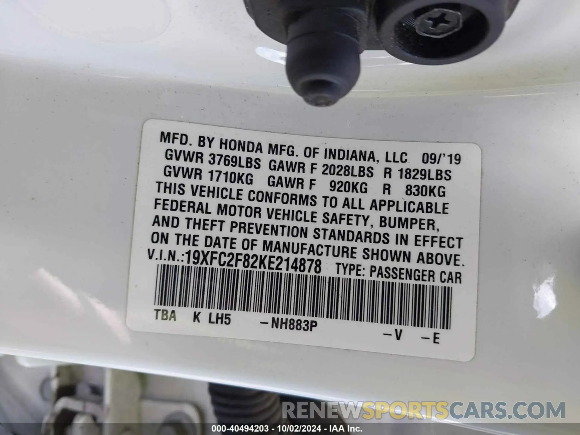 9 fotografías del automóvil dañado 19XFC2F82KE214878 HONDA CIVIC 2019