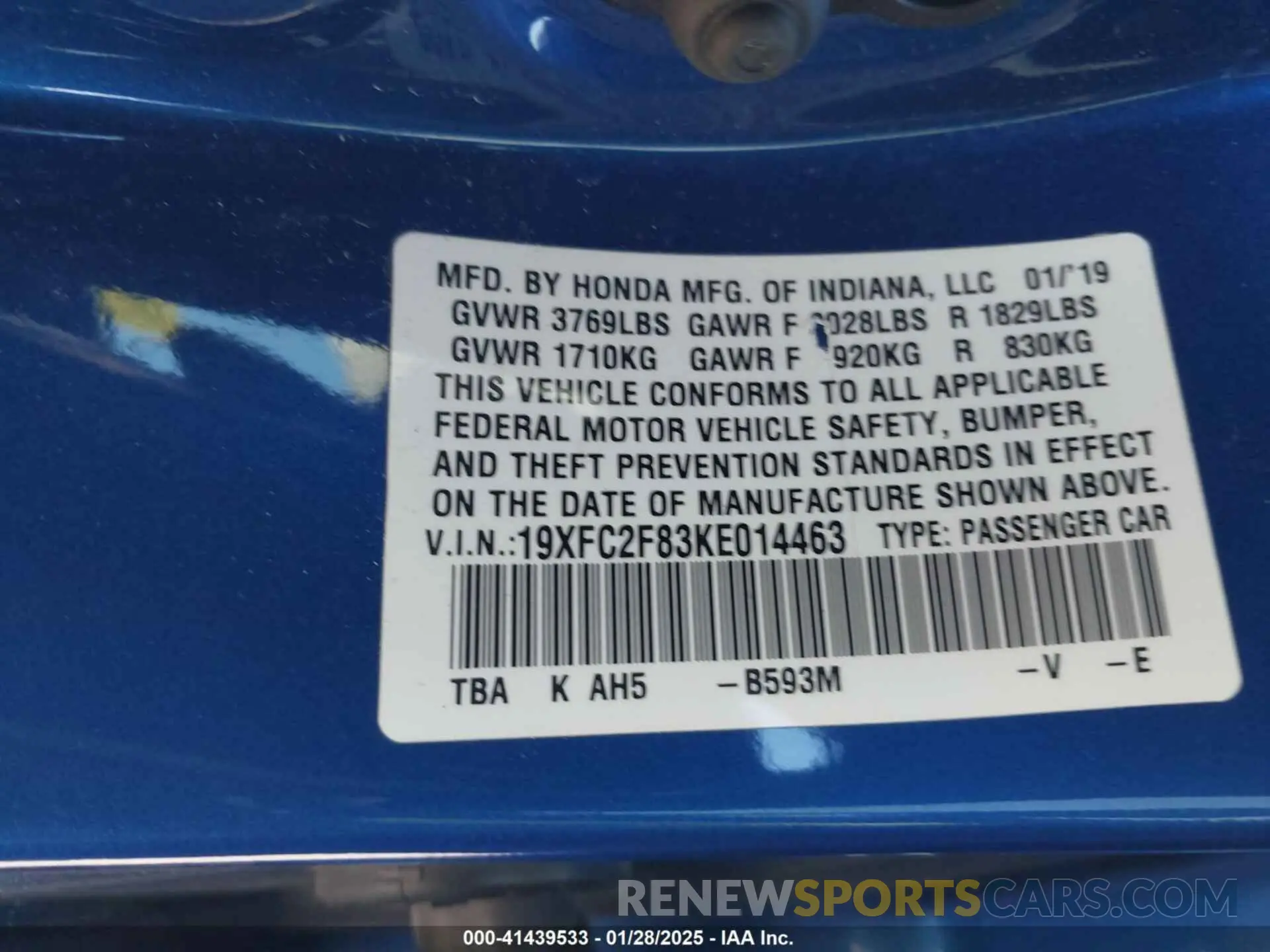 9 fotografías del automóvil dañado 19XFC2F83KE014463 HONDA CIVIC 2019