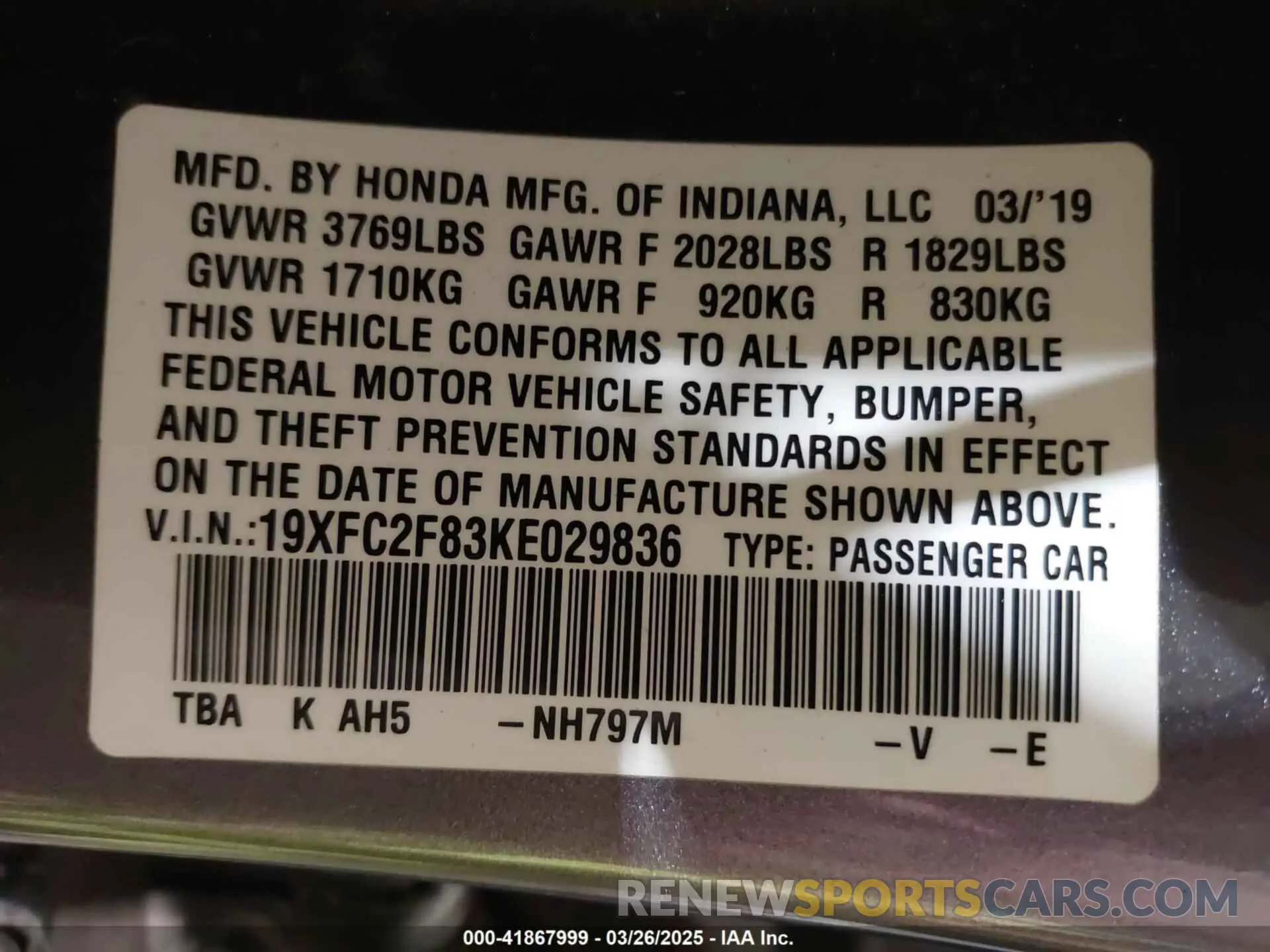9 fotografías del automóvil dañado 19XFC2F83KE029836 HONDA CIVIC 2019