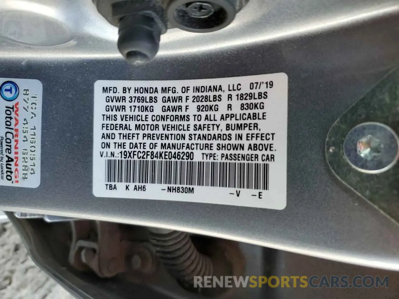 14 fotografías del automóvil dañado 19XFC2F84KE046290 HONDA CIVIC 2019