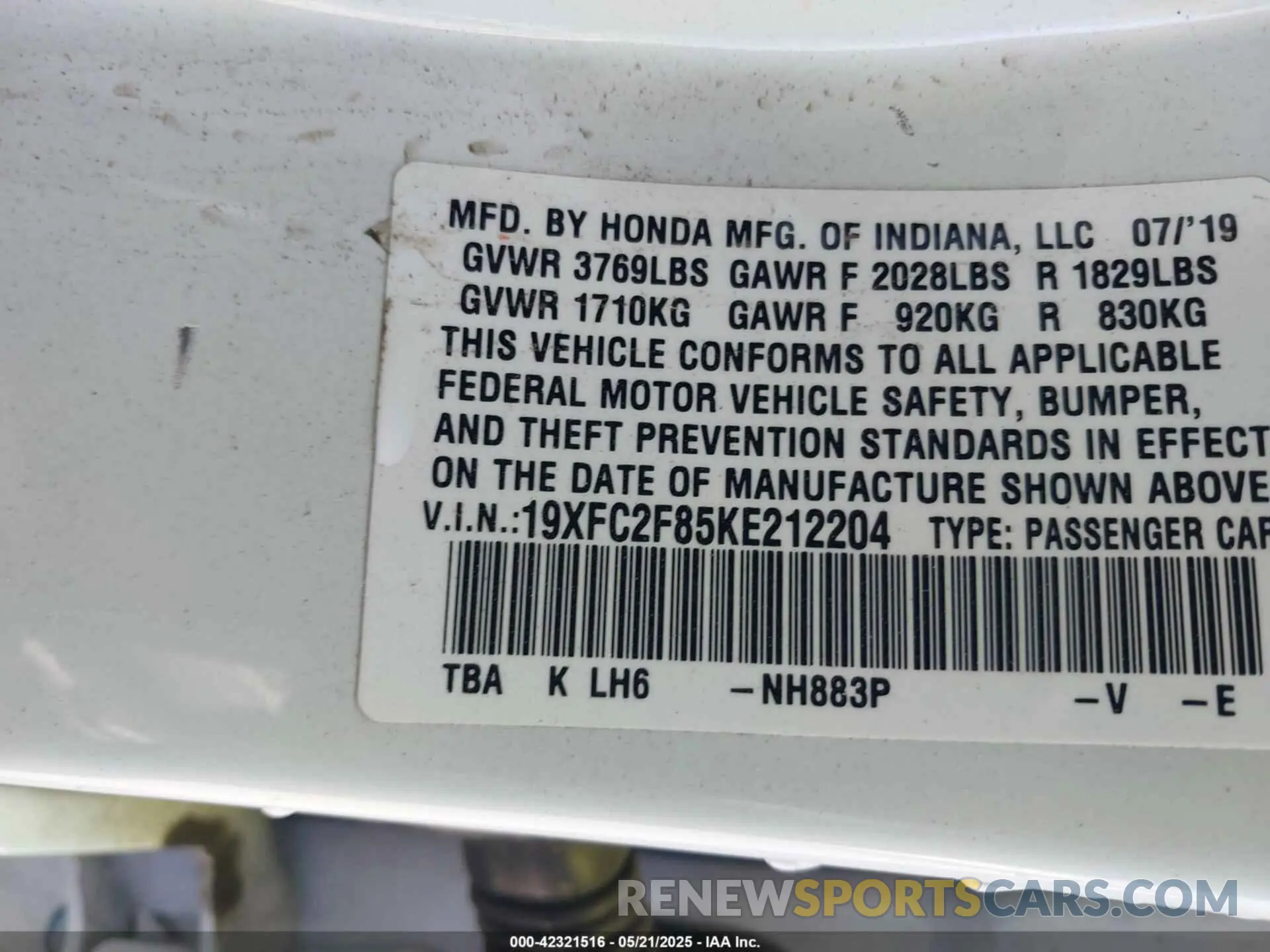 9 fotografías del automóvil dañado 19XFC2F85KE212204 HONDA CIVIC 2019