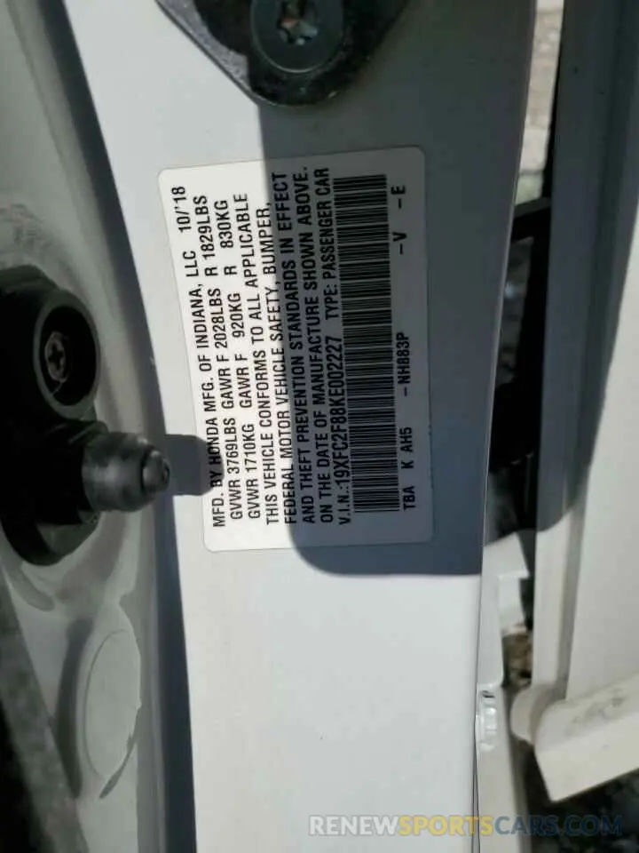 12 fotografías del automóvil dañado 19XFC2F88KE002227 HONDA CIVIC 2019