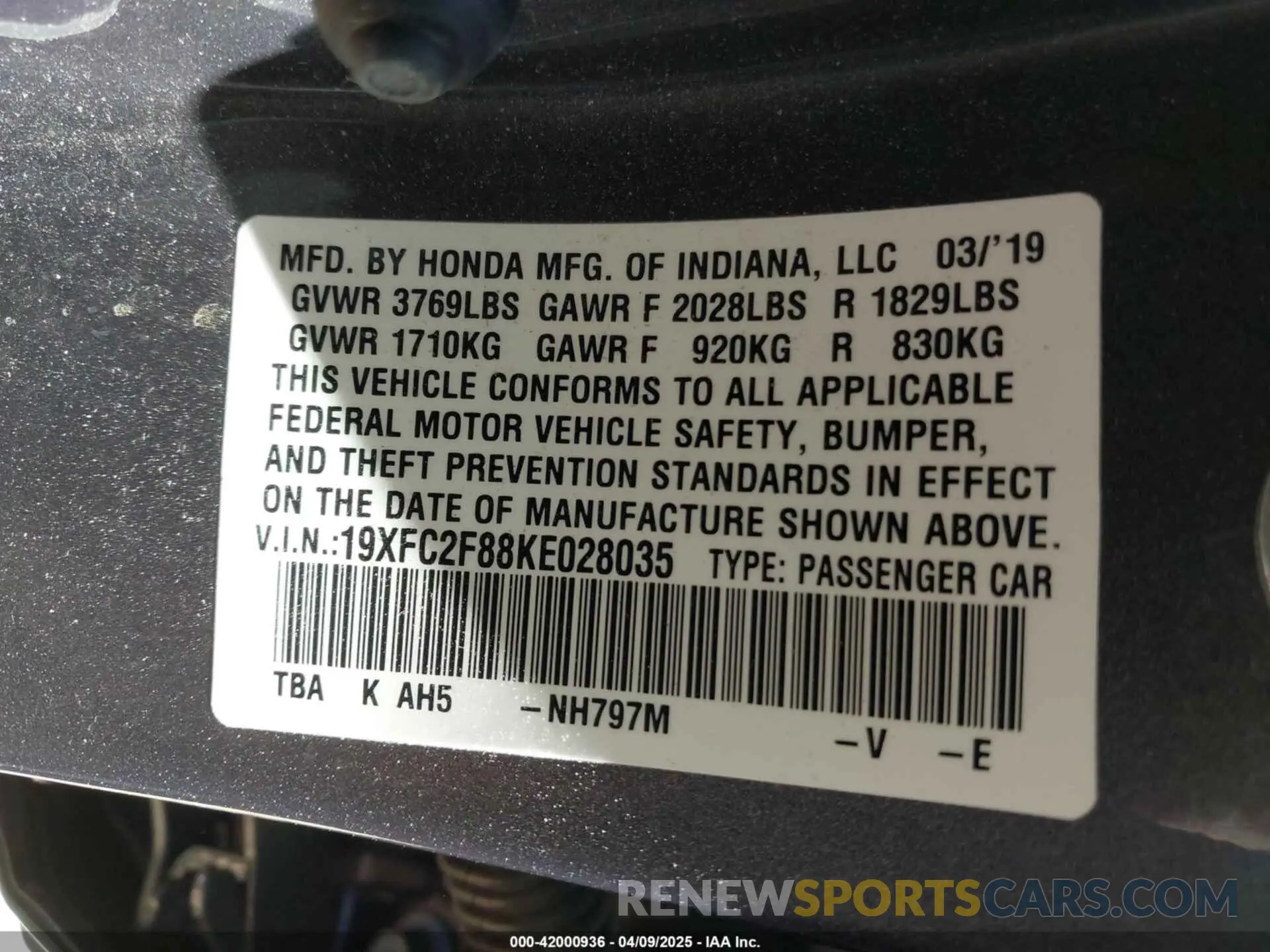 9 fotografías del automóvil dañado 19XFC2F88KE028035 HONDA CIVIC 2019