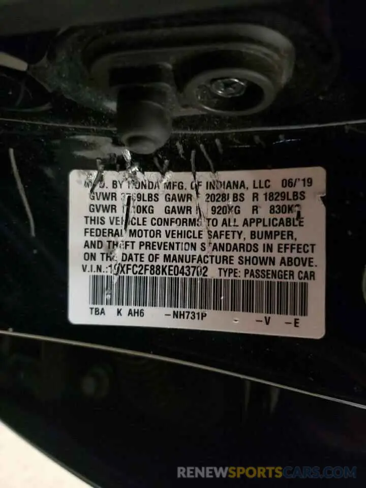 12 fotografías del automóvil dañado 19XFC2F88KE043702 HONDA CIVIC 2019