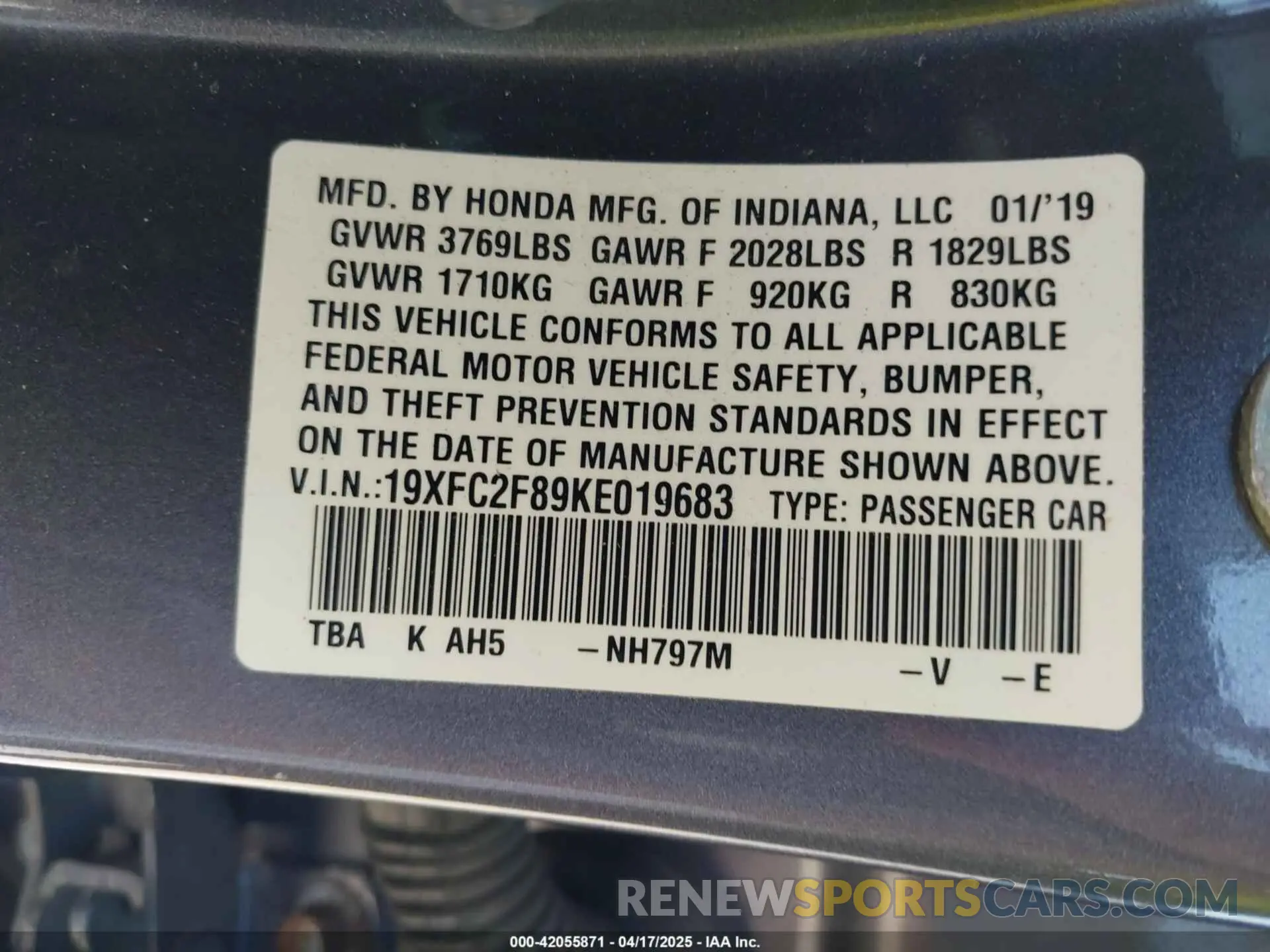 9 fotografías del automóvil dañado 19XFC2F89KE019683 HONDA CIVIC 2019