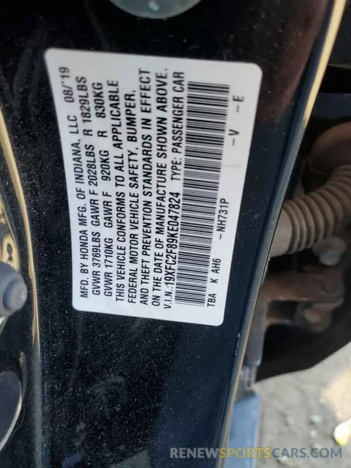 12 fotografías del automóvil dañado 19XFC2F89KE047824 HONDA CIVIC 2019