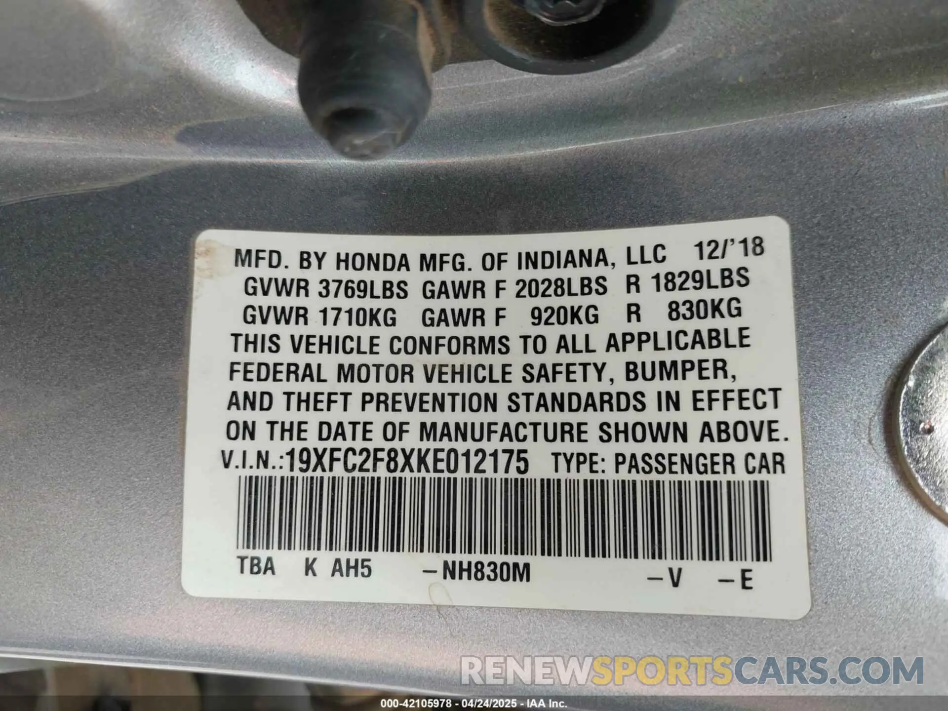 9 fotografías del automóvil dañado 19XFC2F8XKE012175 HONDA CIVIC 2019