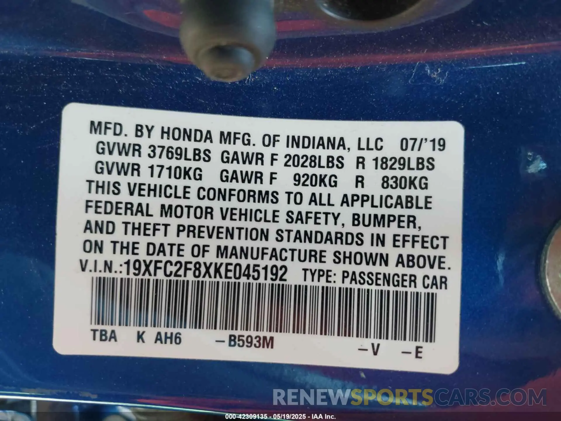 9 fotografías del automóvil dañado 19XFC2F8XKE045192 HONDA CIVIC 2019