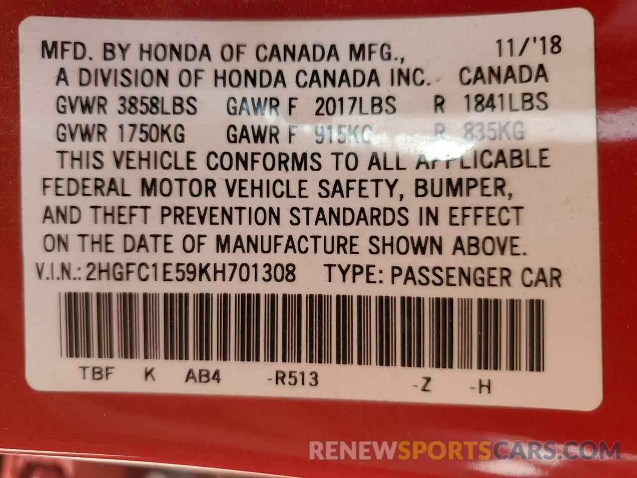 13 fotografías del automóvil dañado 2HGFC1E59KH701308 HONDA CIVIC 2019