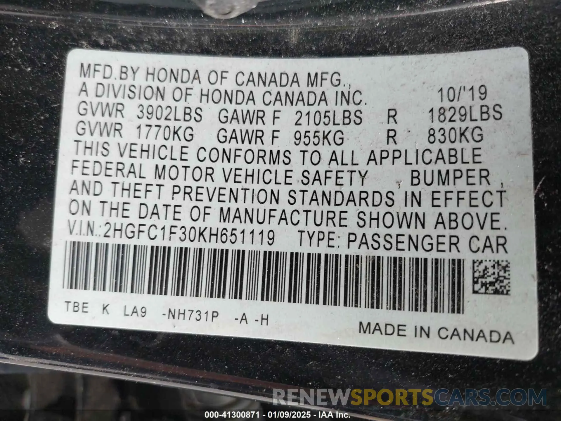 9 fotografías del automóvil dañado 2HGFC1F30KH651119 HONDA CIVIC 2019