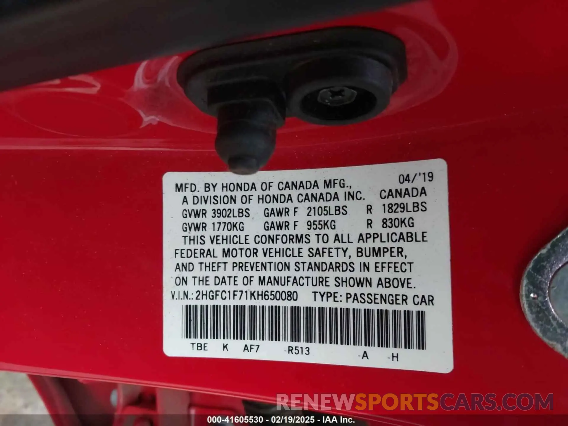 9 fotografías del automóvil dañado 2HGFC1F71KH650080 HONDA CIVIC 2019