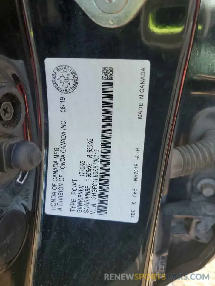 12 fotografías del automóvil dañado 2HGFC1F90KH106719 HONDA CIVIC 2019