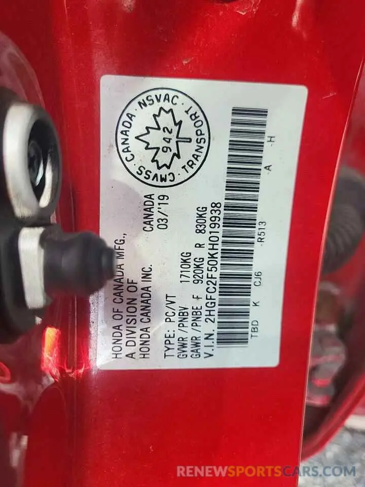 12 fotografías del automóvil dañado 2HGFC2F50KH019938 HONDA CIVIC 2019