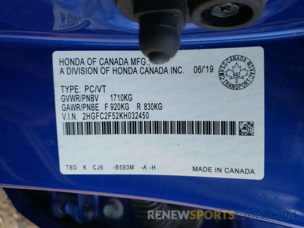 12 fotografías del automóvil dañado 2HGFC2F52KH032450 HONDA CIVIC 2019
