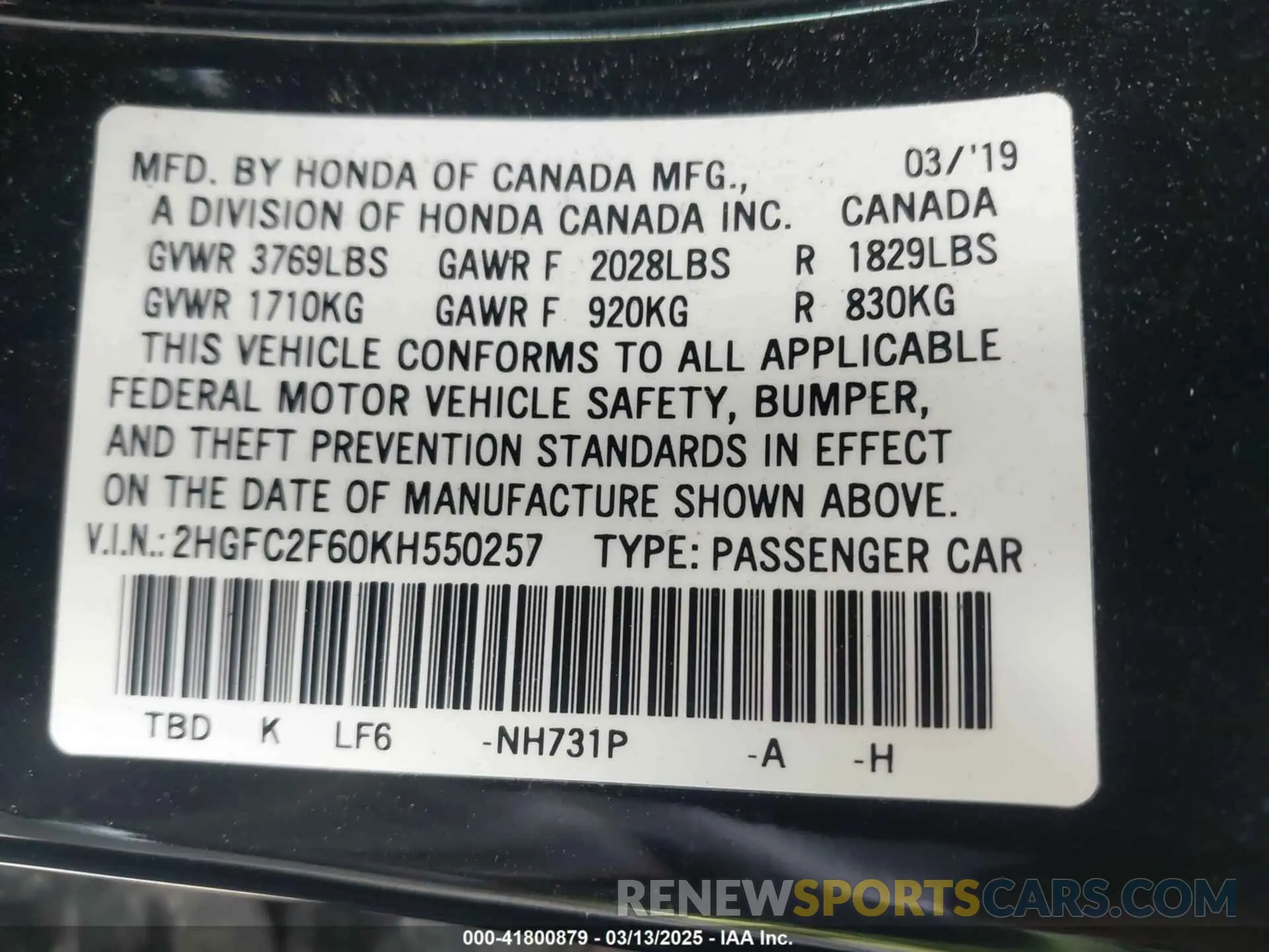9 fotografías del automóvil dañado 2HGFC2F60KH550257 HONDA CIVIC 2019