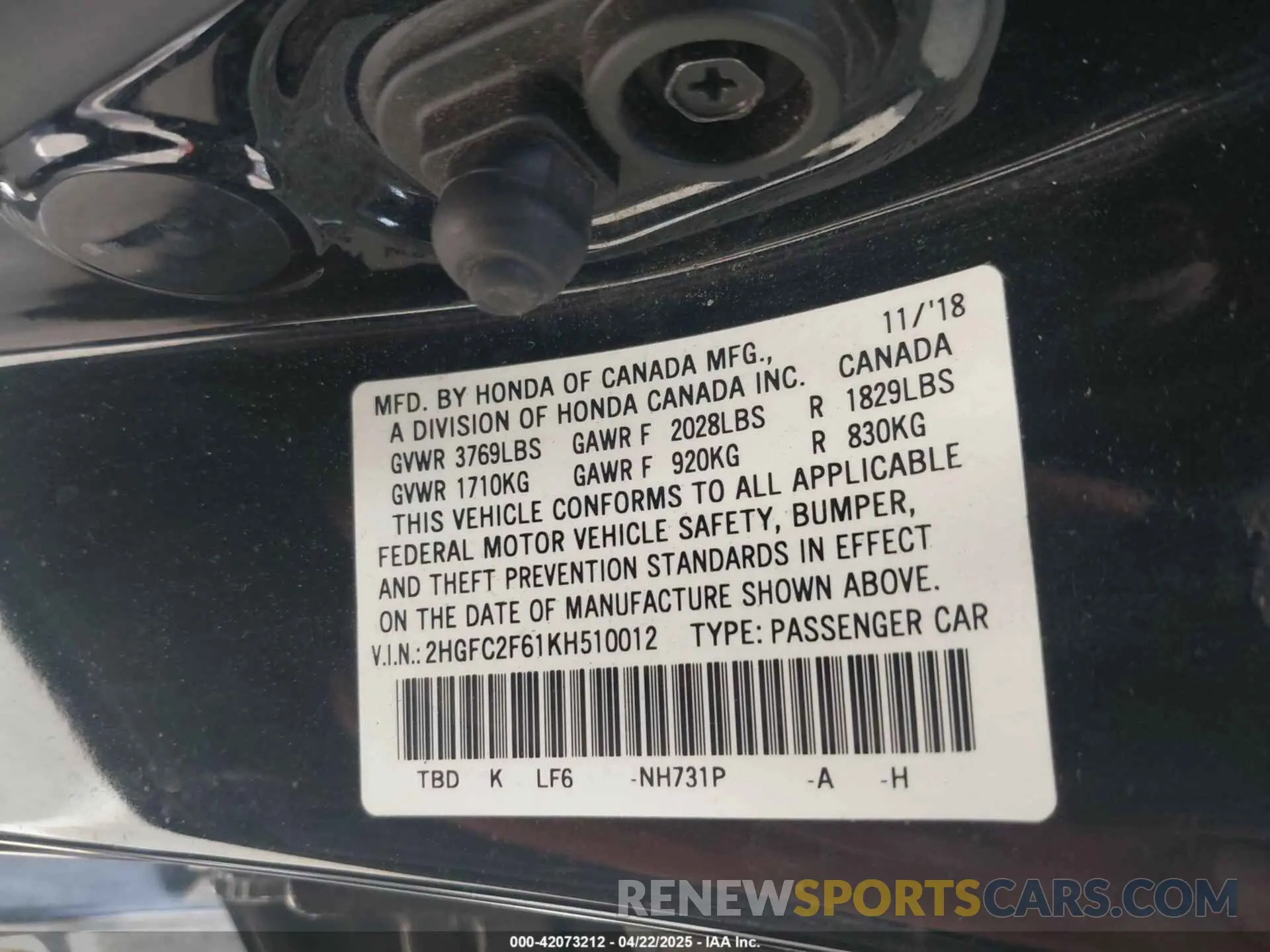 9 fotografías del automóvil dañado 2HGFC2F61KH510012 HONDA CIVIC 2019
