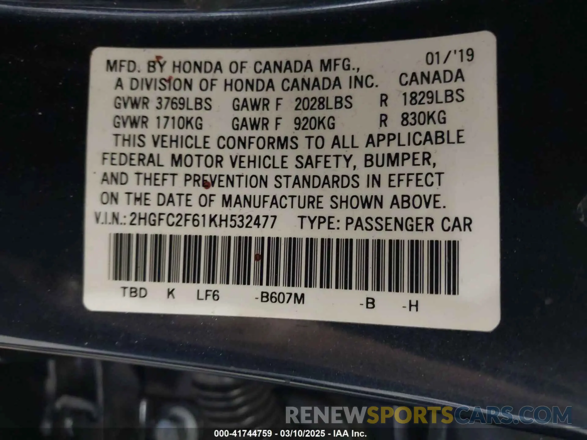 9 fotografías del automóvil dañado 2HGFC2F61KH532477 HONDA CIVIC 2019