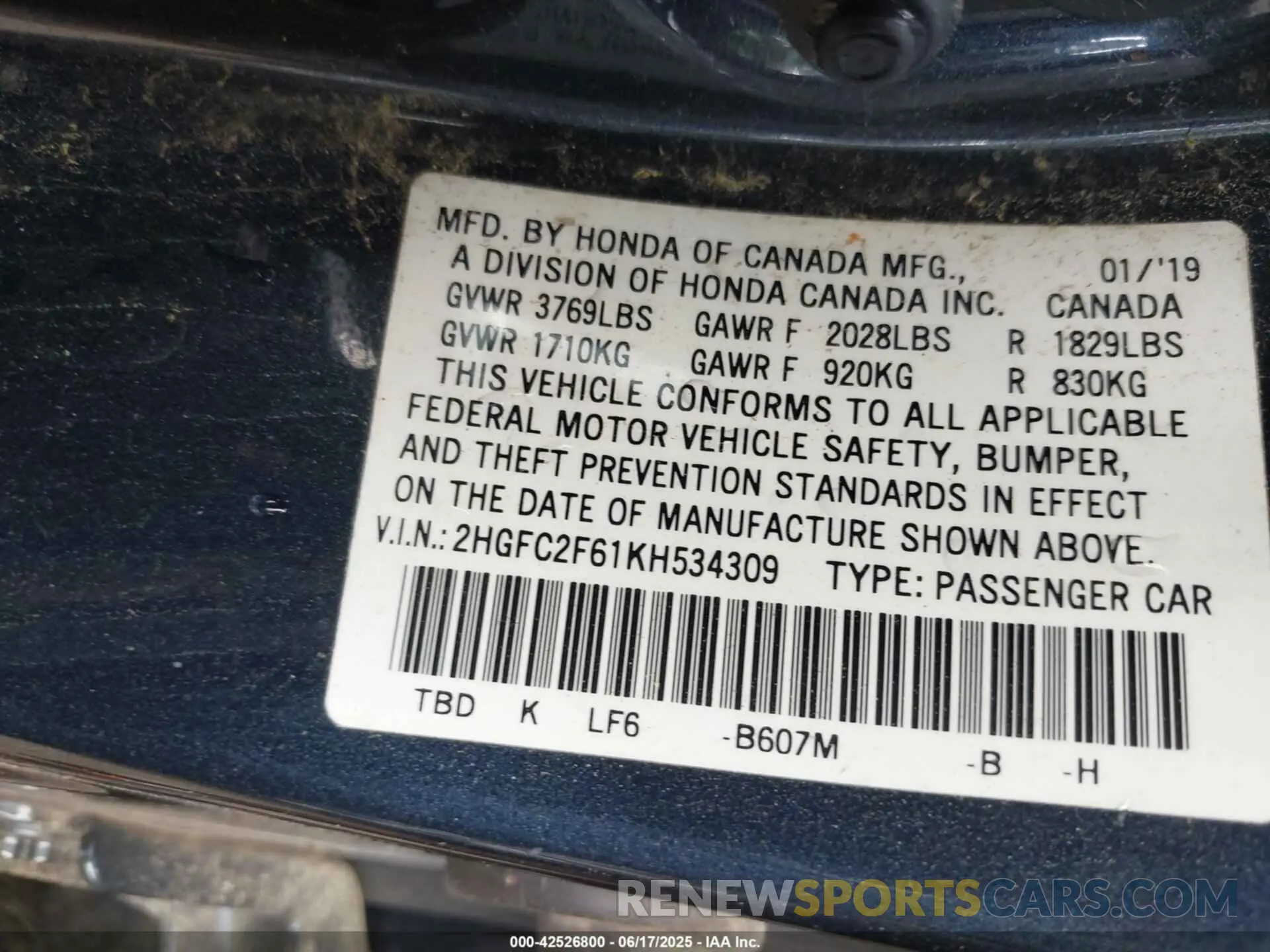 9 fotografías del automóvil dañado 2HGFC2F61KH534309 HONDA CIVIC 2019