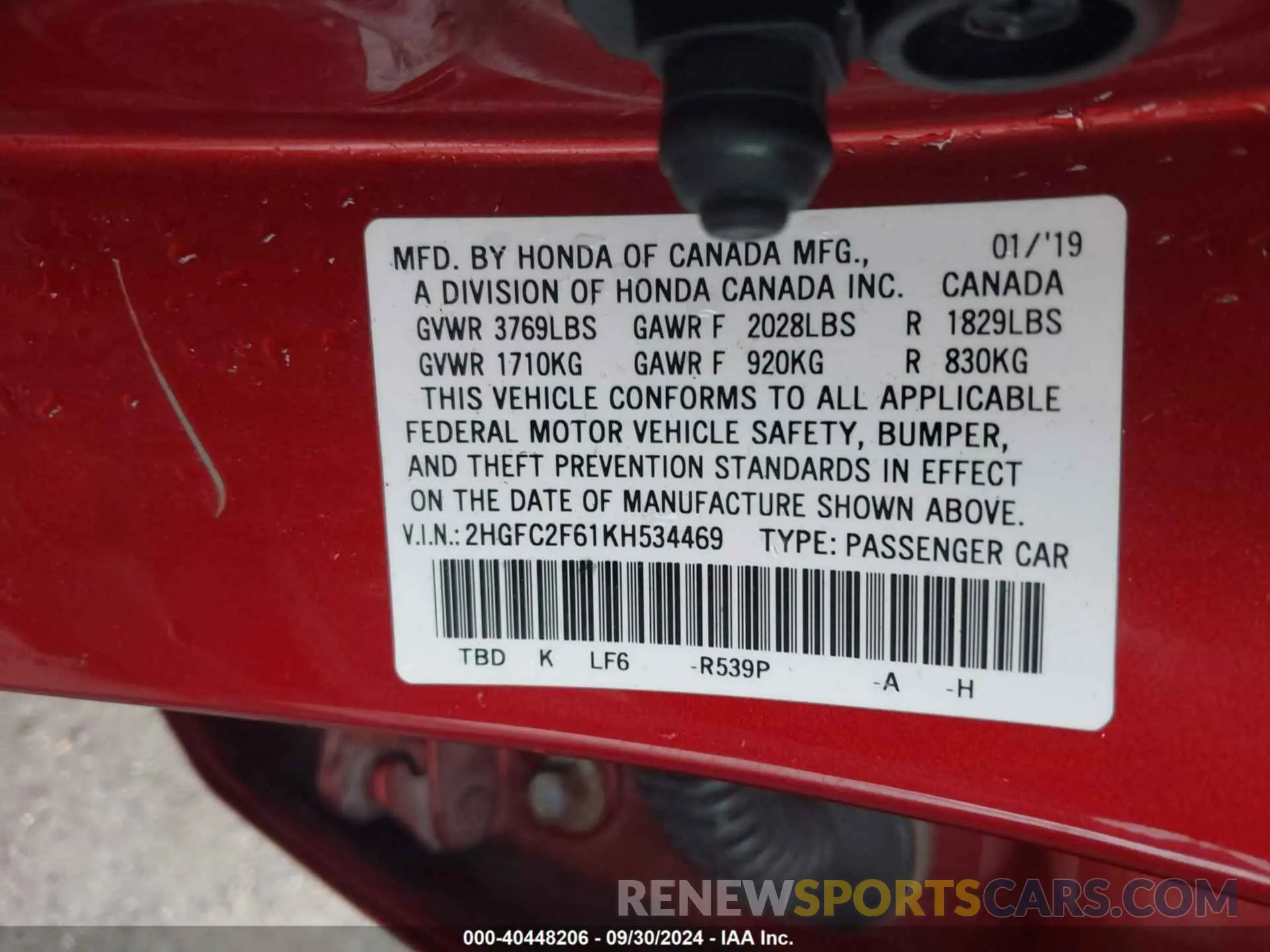 9 fotografías del automóvil dañado 2HGFC2F61KH534469 HONDA CIVIC 2019