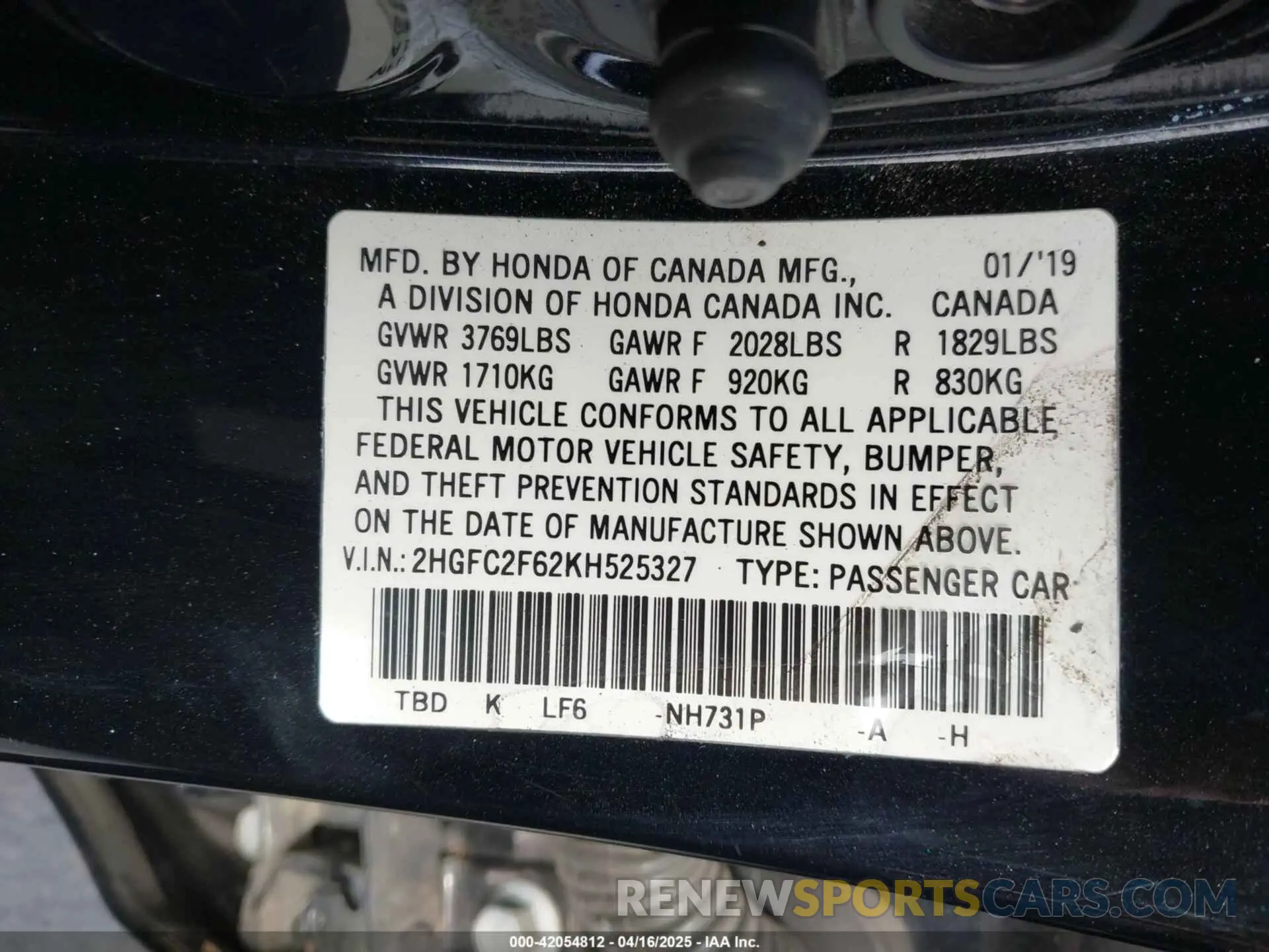 9 fotografías del automóvil dañado 2HGFC2F62KH525327 HONDA CIVIC 2019