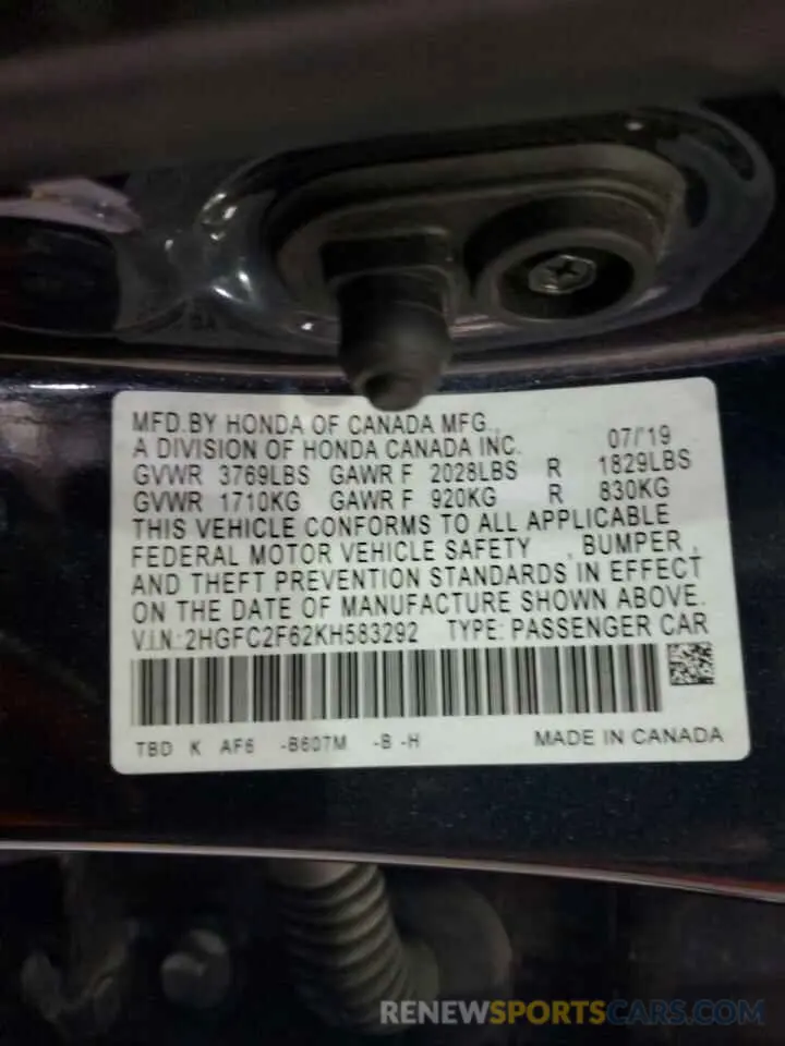 12 fotografías del automóvil dañado 2HGFC2F62KH583292 HONDA CIVIC 2019