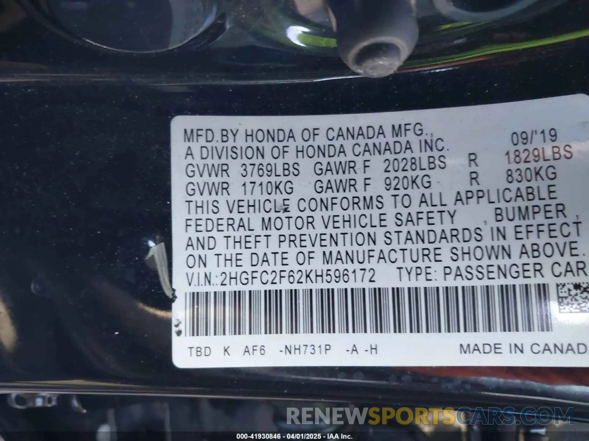9 fotografías del automóvil dañado 2HGFC2F62KH596172 HONDA CIVIC 2019