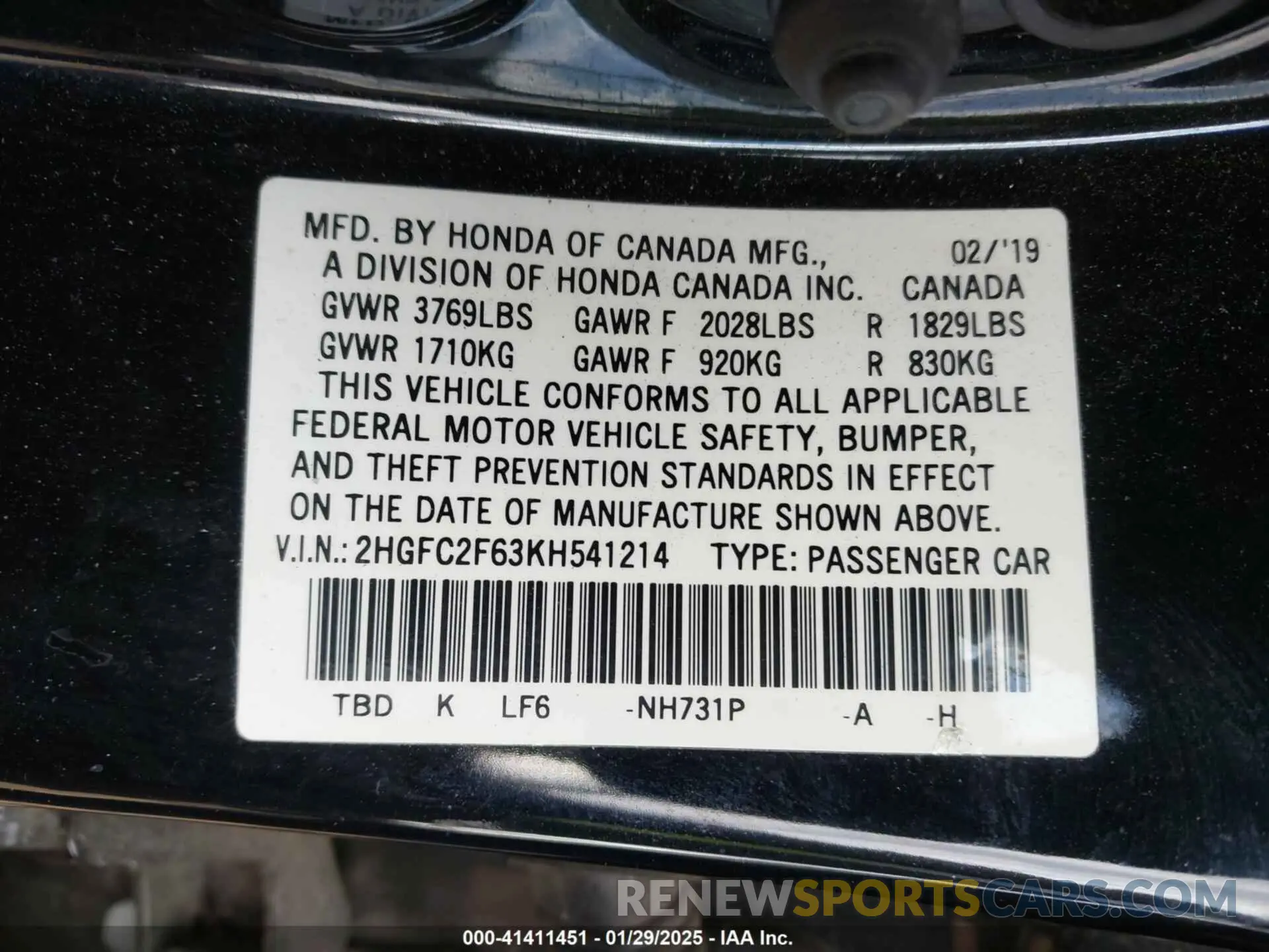 9 fotografías del automóvil dañado 2HGFC2F63KH541214 HONDA CIVIC 2019