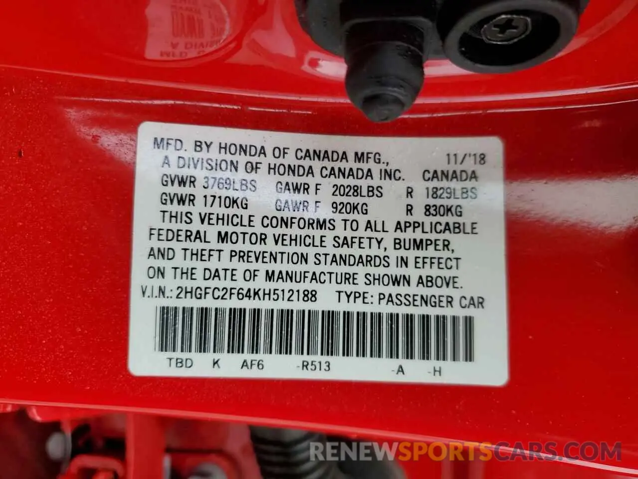 13 fotografías del automóvil dañado 2HGFC2F64KH512188 HONDA CIVIC 2019