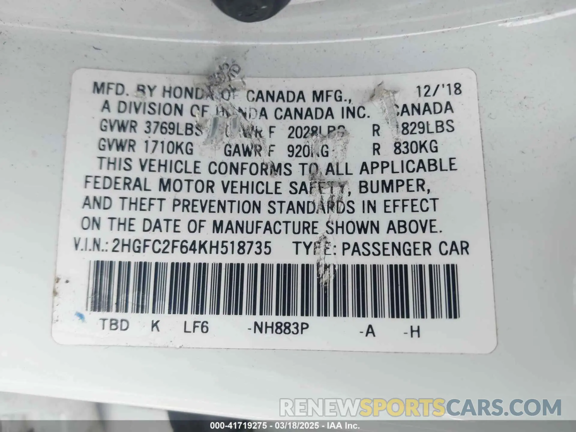 9 fotografías del automóvil dañado 2HGFC2F64KH518735 HONDA CIVIC 2019