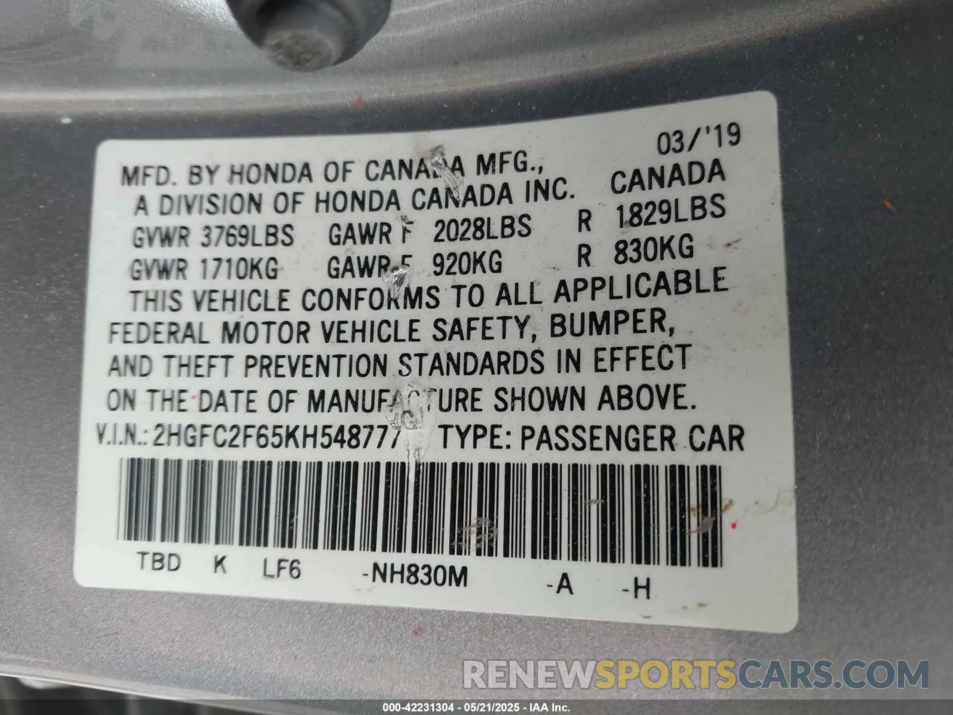 9 fotografías del automóvil dañado 2HGFC2F65KH548777 HONDA CIVIC 2019
