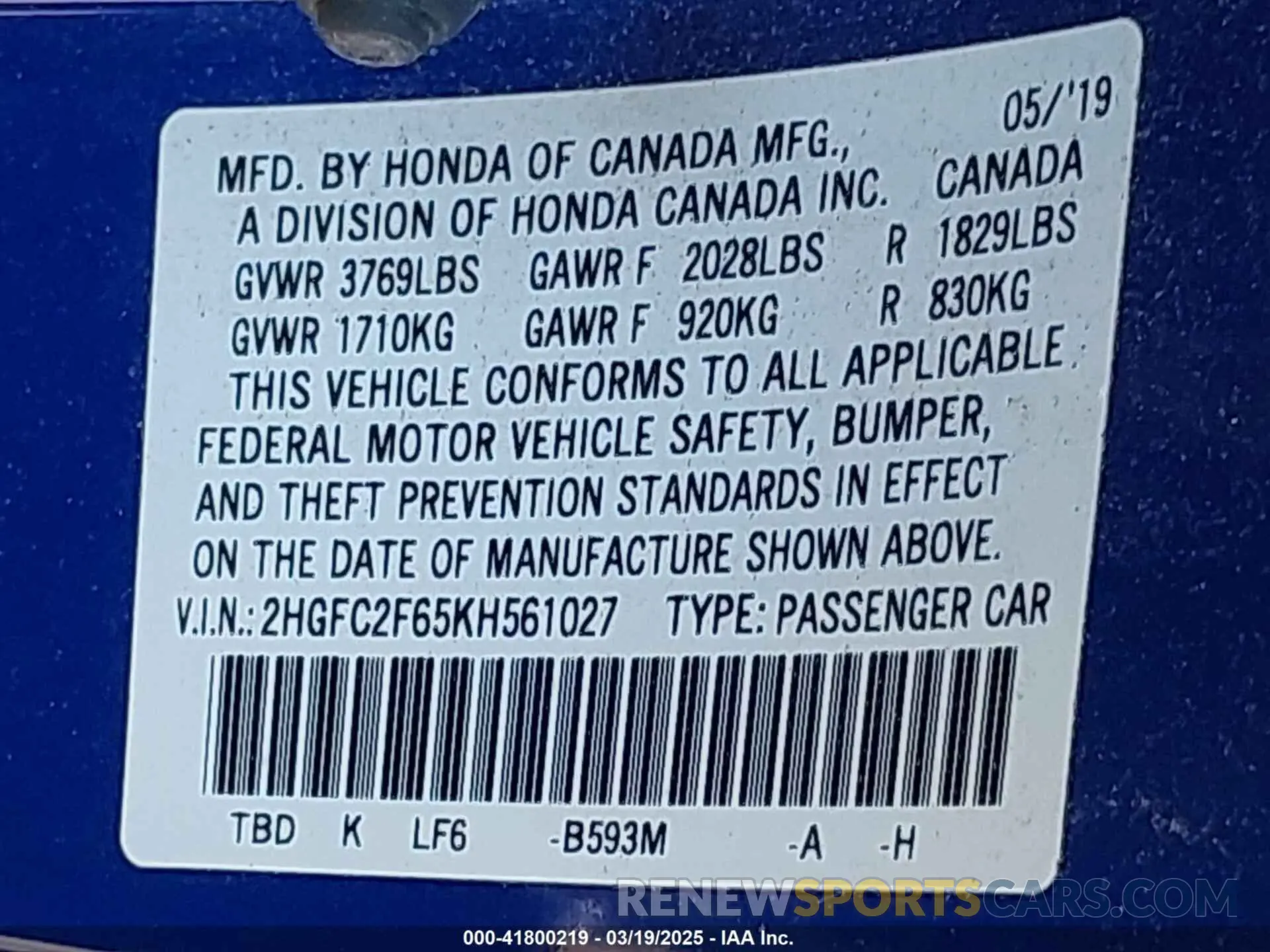 9 fotografías del automóvil dañado 2HGFC2F65KH561027 HONDA CIVIC 2019