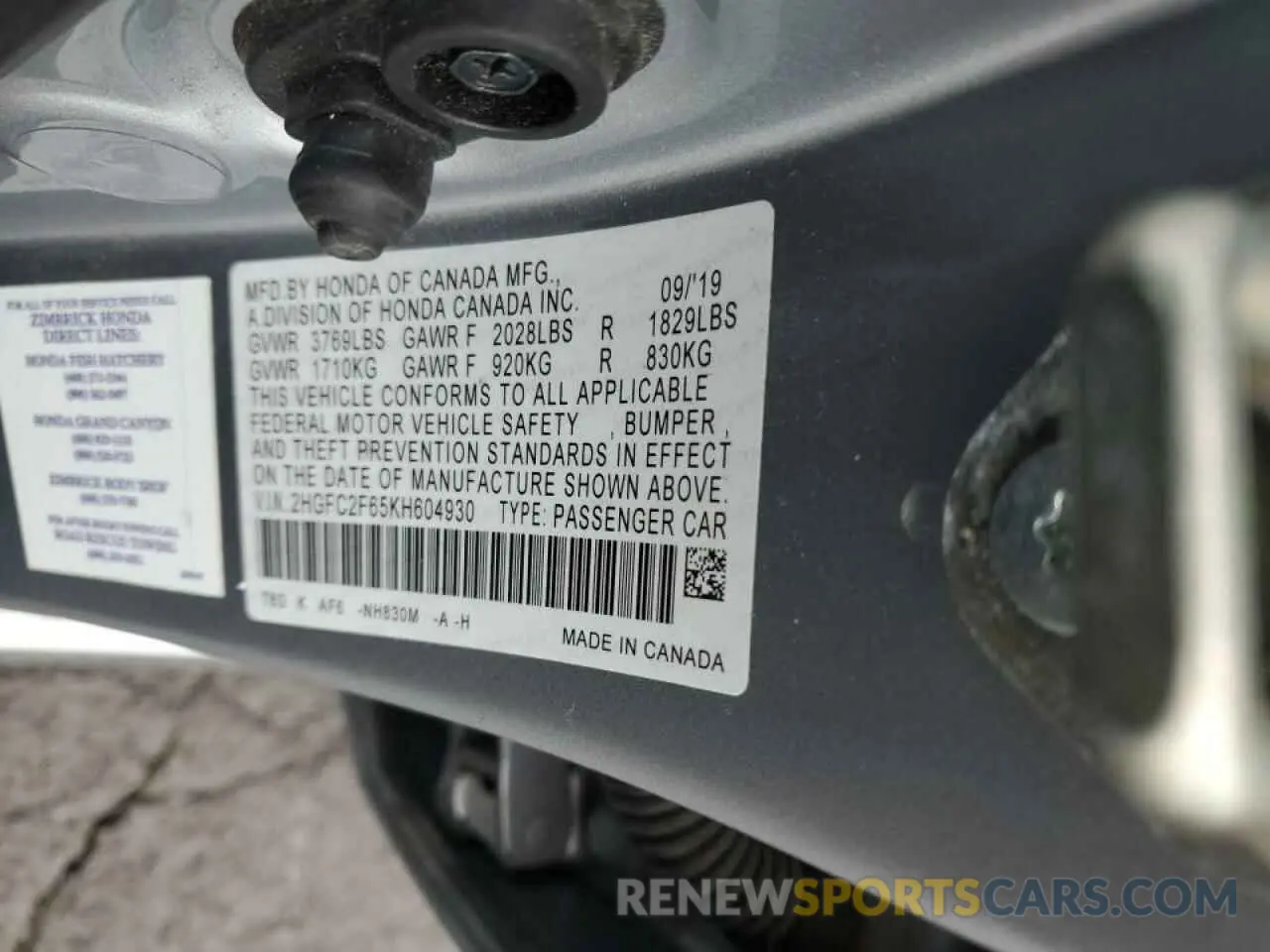 12 fotografías del automóvil dañado 2HGFC2F65KH604930 HONDA CIVIC 2019